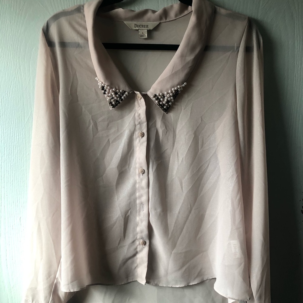 Blush Button Down with Pearl Collar Detail